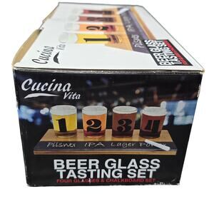 Cucina Vita Beer Glass Tasting Set / 4 Glasses 5 1/2 oz & Chalkboard Set Flight